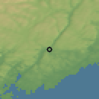 Shaded relief of the 46 km around Birkeland, drawn from the GMTED2010 grid