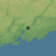 Shaded relief of the 46 km around Tveit, drawn from the GMTED2010 grid