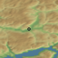 Shaded relief of the 45 km around Vossevangen, drawn from the GMTED2010 grid