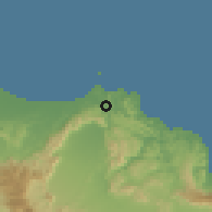 Shaded relief of the 58 km around Muscat, drawn from the GMTED2010 grid