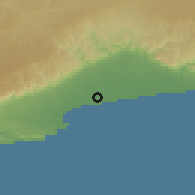 Shaded relief of the 59 km around Şalālah, drawn from the GMTED2010 grid