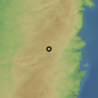 Shaded relief of the 56 km around ar-Rām, drawn from the GMTED2010 grid
