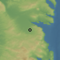 Shaded relief of the 56 km around 'Arrānah, drawn from the GMTED2010 grid
