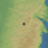 Shaded relief of the 56 km around 'Aşīrah al-Qibliyah, drawn from the GMTED2010 grid