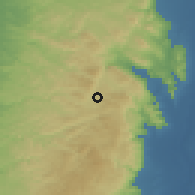 Shaded relief of the 56 km around 'Awartā, drawn from the GMTED2010 grid