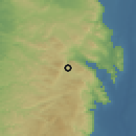 Shaded relief of the 56 km around 'Azmūţ, drawn from the GMTED2010 grid
