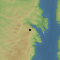Shaded relief of the 56 km around Bayt Dajan, drawn from the GMTED2010 grid
