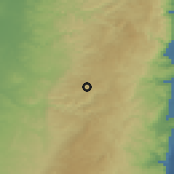 Shaded relief of the 56 km around Bayt Sūrīk, drawn from the GMTED2010 grid