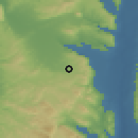 Shaded relief of the 56 km around Beit Qad, drawn from the GMTED2010 grid
