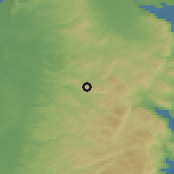 Shaded relief of the 56 km around Bizzāriyā, drawn from the GMTED2010 grid
