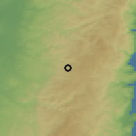 Shaded relief of the 56 km around Ein 'Arik, drawn from the GMTED2010 grid