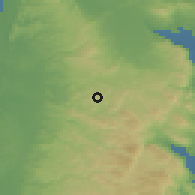 Shaded relief of the 56 km around Fah̨mah, drawn from the GMTED2010 grid
