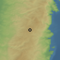 Shaded relief of the 56 km around al-Bīrah, drawn from the GMTED2010 grid