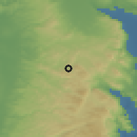 Shaded relief of the 56 km around Jaba', drawn from the GMTED2010 grid