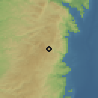 Shaded relief of the 56 km around Kafr Mālik, drawn from the GMTED2010 grid