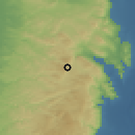 Shaded relief of the 56 km around Kafr Qallīl, drawn from the GMTED2010 grid