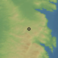 Shaded relief of the 56 km around Misliyah, drawn from the GMTED2010 grid