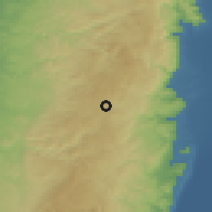 Shaded relief of the 56 km around Muẖayyam Qalandiyā, drawn from the GMTED2010 grid