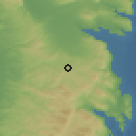 Shaded relief of the 56 km around Qabāţiyah, drawn from the GMTED2010 grid