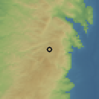 Shaded relief of the 56 km around Qaryūt, drawn from the GMTED2010 grid
