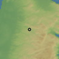 Shaded relief of the 56 km around Rāmīn, drawn from the GMTED2010 grid