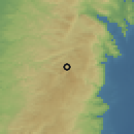 Shaded relief of the 56 km around Sinjil, drawn from the GMTED2010 grid