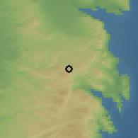 Shaded relief of the 56 km around Sīrīs, drawn from the GMTED2010 grid