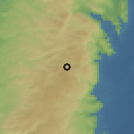 Shaded relief of the 56 km around Turmus'ayyā, drawn from the GMTED2010 grid