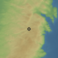 Shaded relief of the 56 km around Yatmā, drawn from the GMTED2010 grid