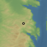 Shaded relief of the 56 km around 'Aqqābā, drawn from the GMTED2010 grid