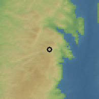 Shaded relief of the 56 km around 'Aqrabā, drawn from the GMTED2010 grid