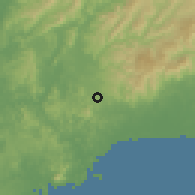 Shaded relief of the 60 km around La Cabima, drawn from the GMTED2010 grid