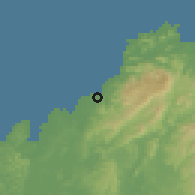 Shaded relief of the 60 km around María Chiquita, drawn from the GMTED2010 grid