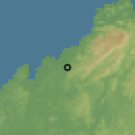 Shaded relief of the 60 km around Puerto Pilón, drawn from the GMTED2010 grid