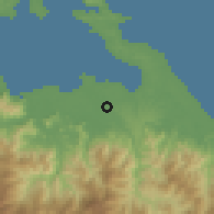 Shaded relief of the 60 km around Bisira, drawn from the GMTED2010 grid