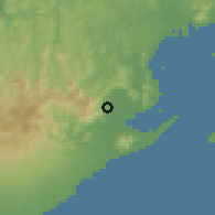 Shaded relief of the 60 km around Sajalices, drawn from the GMTED2010 grid