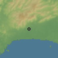 Shaded relief of the 60 km around Cabra, drawn from the GMTED2010 grid