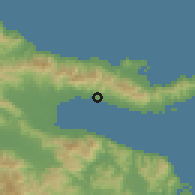 Shaded relief of the 60 km around Alotau, drawn from the GMTED2010 grid