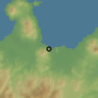 Shaded relief of the 60 km around Kimbe, drawn from the GMTED2010 grid