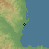 Shaded relief of the 60 km around Madang, drawn from the GMTED2010 grid
