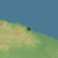 Shaded relief of the 60 km around Vanimo, drawn from the GMTED2010 grid