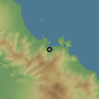 Shaded relief of the 60 km around Arawa, drawn from the GMTED2010 grid