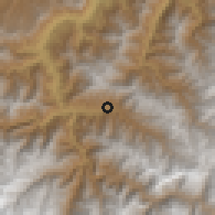 Shaded relief of the 60 km around Huayopata, drawn from the GMTED2010 grid