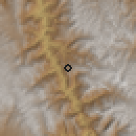 Shaded relief of the 60 km around Longotea, drawn from the GMTED2010 grid