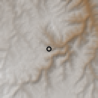 Shaded relief of the 60 km around Paucar, drawn from the GMTED2010 grid