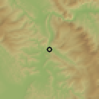 Shaded relief of the 60 km around Pilluana, drawn from the GMTED2010 grid