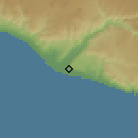 Shaded relief of the 59 km around Punta de Bombón, drawn from the GMTED2010 grid