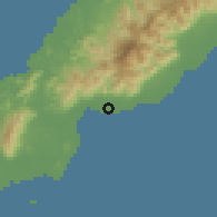Shaded relief of the 60 km around Bataraza, drawn from the GMTED2010 grid