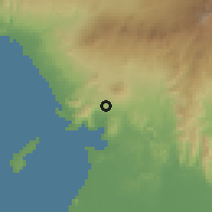 Shaded relief of the 60 km around Bugasan, drawn from the GMTED2010 grid