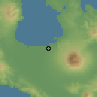 Shaded relief of the 59 km around Calabanga, drawn from the GMTED2010 grid
